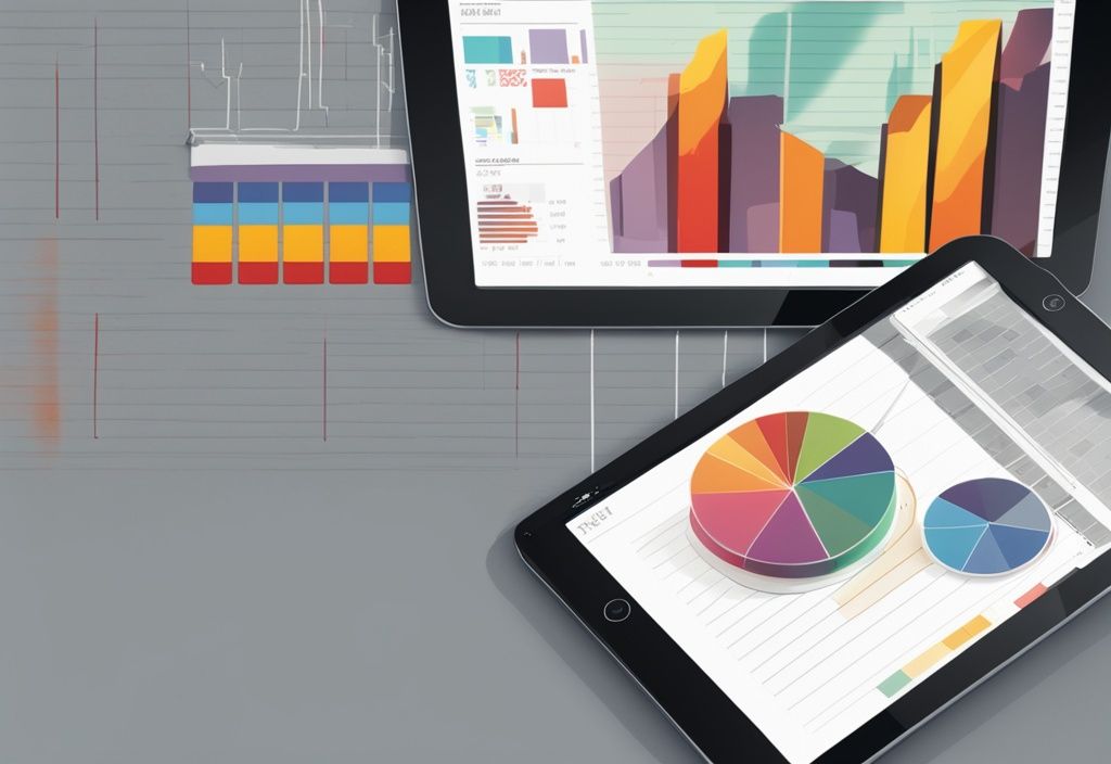 Moderne digitale Illustration mit grauem Farbschema, Balkendiagramm auf Tablet-Bildschirm, verschiedene farbige Balken für Marktsektoren, daneben ein Taschenrechner, der das Marktvolumen berechnen symbolisiert.