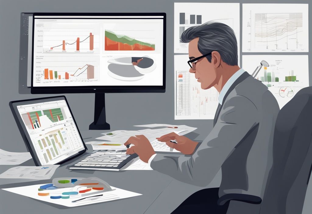 Moderner digitaler Gemäldeillustration eines professionellen Geschäftsmannes am Schreibtisch, der ein detailliertes Tabellenkalkulationsblatt auf einem Computerbildschirm überprüft, mit verschiedenen Diagrammen und Grafiken zur Anforderungsberechnung.