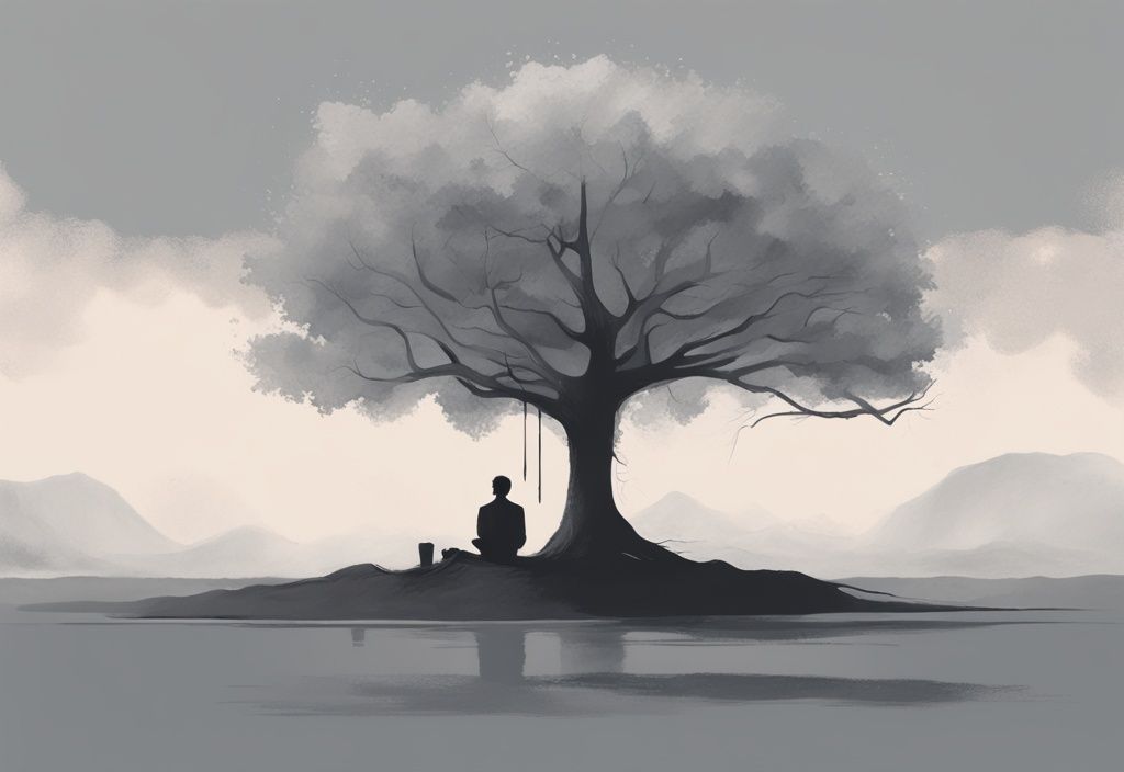 Moderne digitale Illustration in Grautönen: Eine Person sitzt allein unter einem Baum und betrachtet einen verzweigten Pfad, der verschiedene Aspekte des Lebens wie Liebe, Zweck, Freiheit und Tod symbolisiert, existenzbedürfnisse.