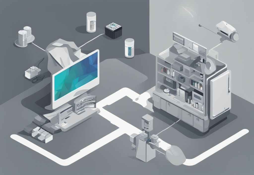 Moderne digitale Malerei mit grauem Farbschema, zeigt zwei verschiedene Lieferketten, die ein Produkt zu einem zentralen Geschäft liefern, symbolisiert das Konzept des Dual Sourcing.