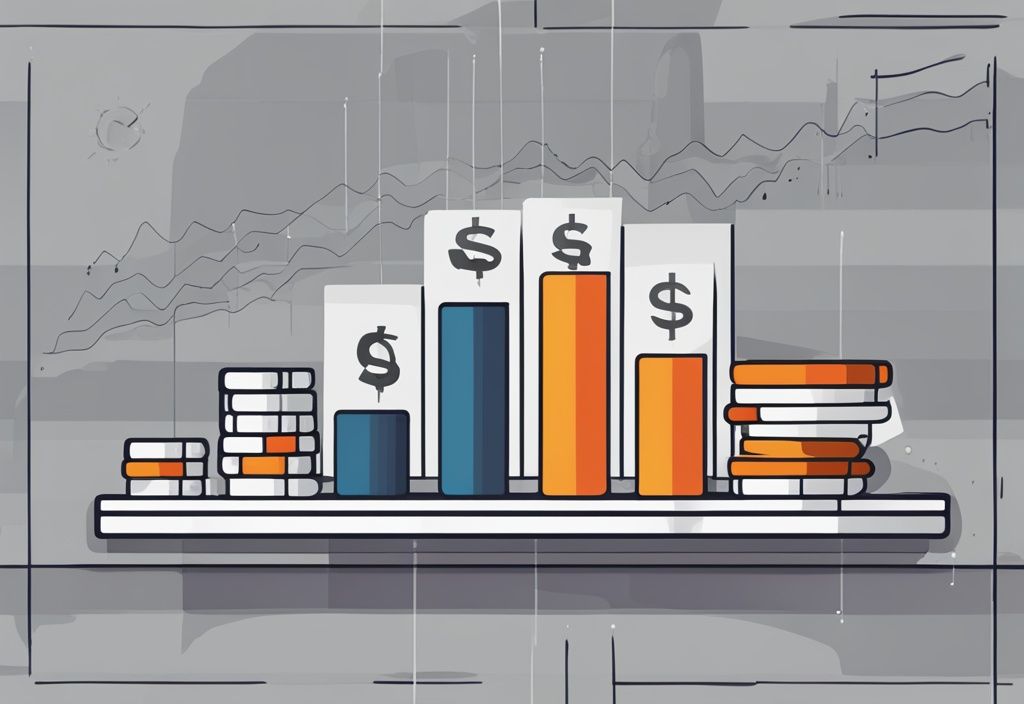 Moderne digitale Illustration mit einem Balkendiagramm, das die schwankenden Herstellkosten des Umsatzes über einen Zeitraum zeigt, mit Münz- und Geldstapeln an der Basis des Diagramms.