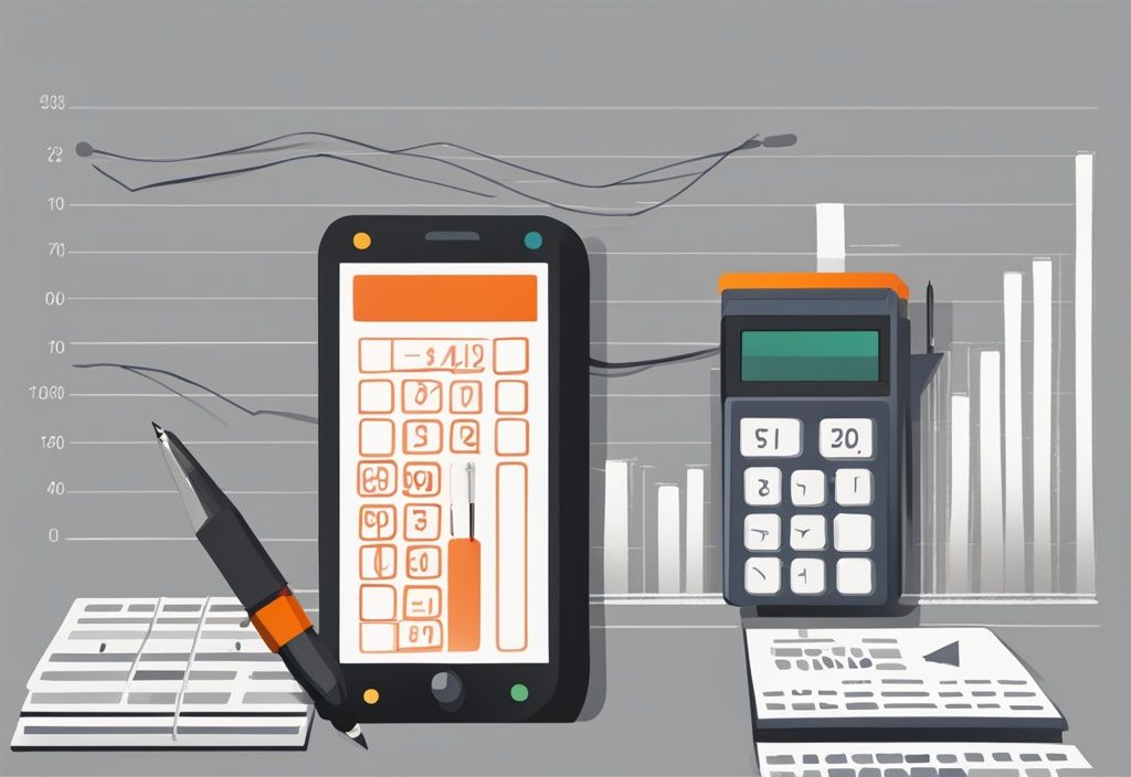 Moderne digitale Malerei mit grauem Farbschema, zeigt eine Grafik zur Berechnung des Nettobarwerts mit verschiedenen Cashflow-Eingaben über die Zeit, daneben ein Taschenrechner und ein Stift.