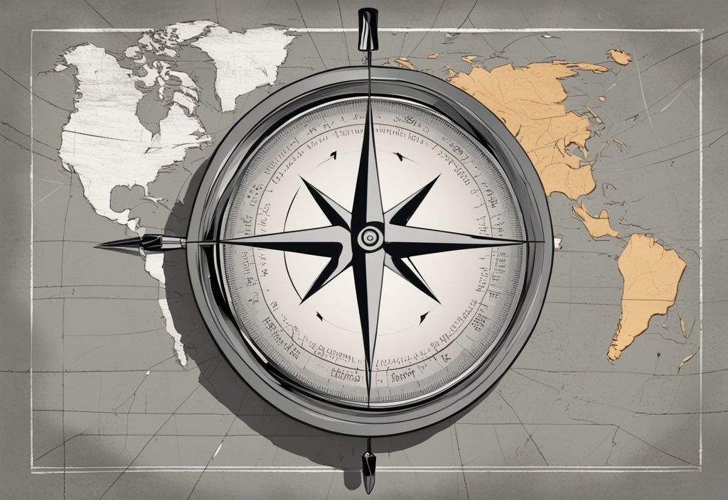 Moderne digitale Malerei mit grauem Farbschema: Kompass auf abgenutzter Karte, Nadel zeigt auf markiertes Ziel, symbolisiert Richtung und Zielsetzung.
