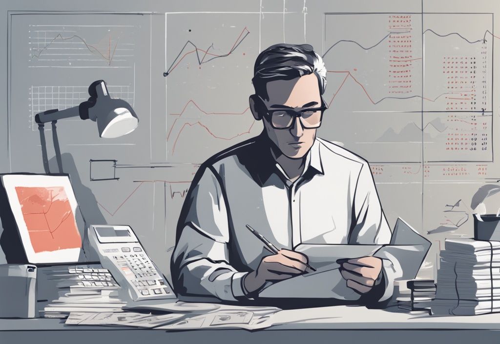 Digitale Illustration einer Person, die an einem Schreibtisch sitzt, umgeben von Finanzdiagrammen und einem Taschenrechner, mit Fokus auf einem Blatt Papier mit der Aufschrift 'EBIT', ideal für ebit berechnen.